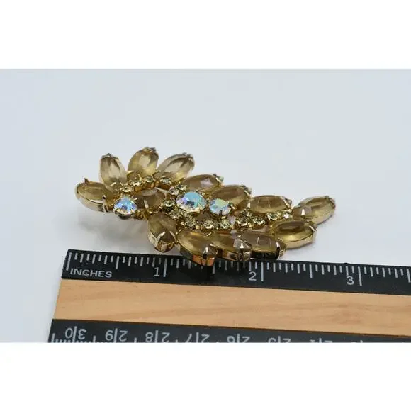 Vintage Light Topaz Rhinestone Floral Brooch AB Open Back 1950s 1960s
